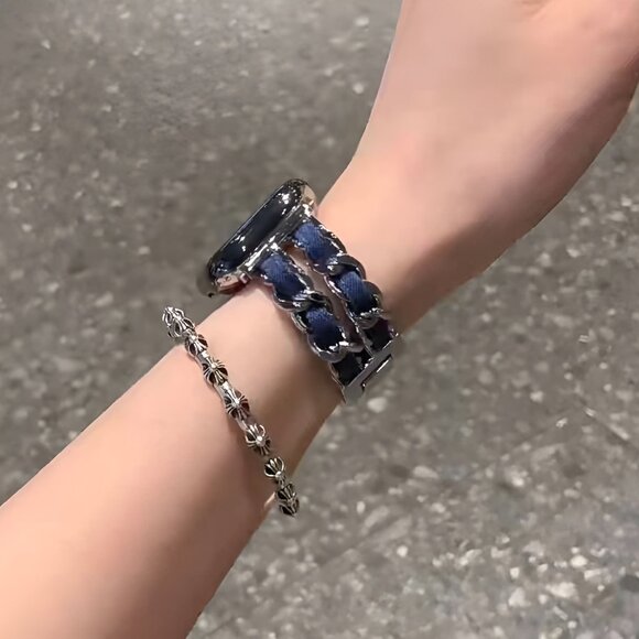 NEW Luxury Adjustable Stylish Strap Silver Stainless Chain Denim For Apple Watch - Picture 3 of 7